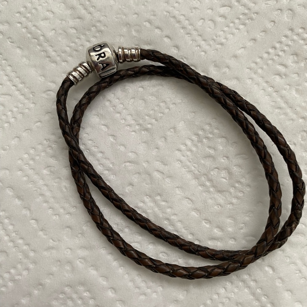 Authentic Pandora double wrap Brown Braided Leather Bracelet Silver Clas…